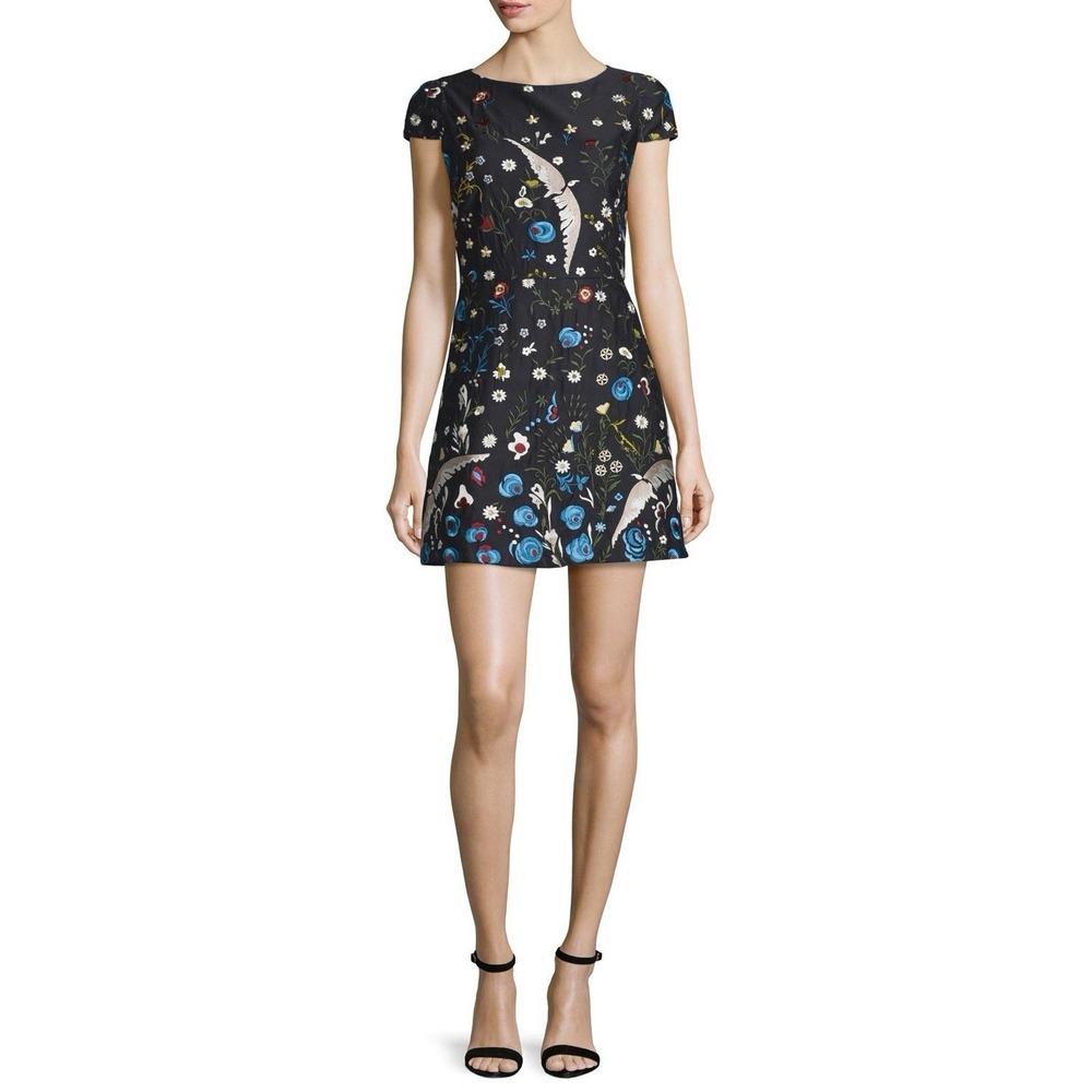 Alice + Olivia Women's 10 Ellen Embroidered Cap Sleeve Mini Dress Bird Floral